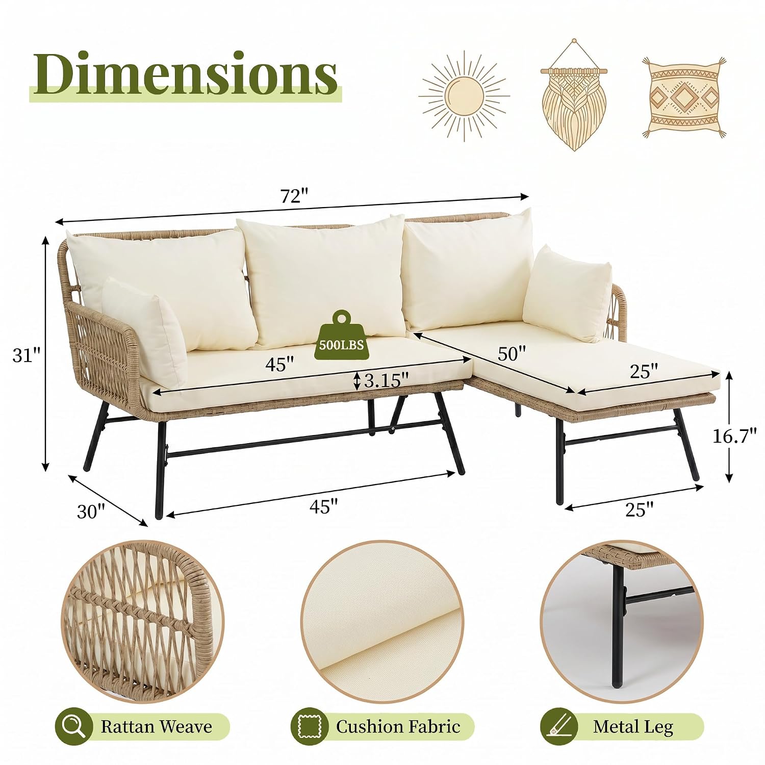 3 Pieces Boho Patio Furniture  - đánh giá và giá Rattan Lounge Set