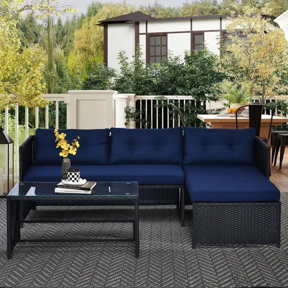 Blue L-Shaped Rattan Outdoor S - đánh giá và giá Rattan Lounge Set