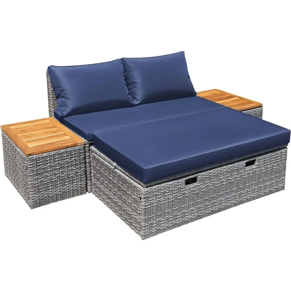 Navy Blue Outdoor Patio Daybed - đánh giá và giá Rattan Lounge Set