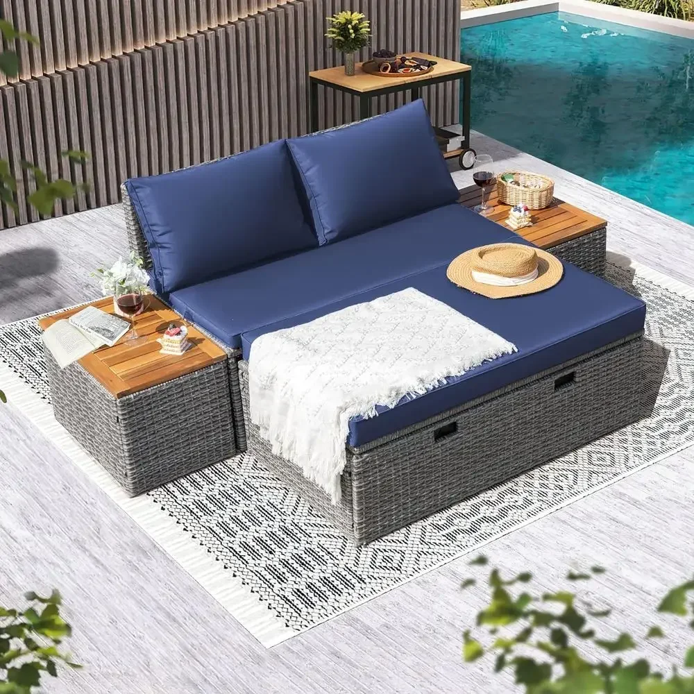 Navy Blue Outdoor Patio Daybed - đánh giá và giá Rattan Lounge Set