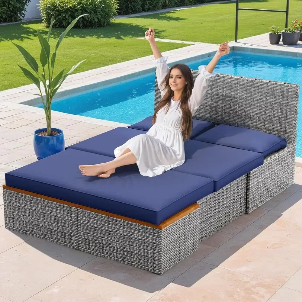 Navy Blue Outdoor Patio Daybed - đánh giá và giá Rattan Lounge Set