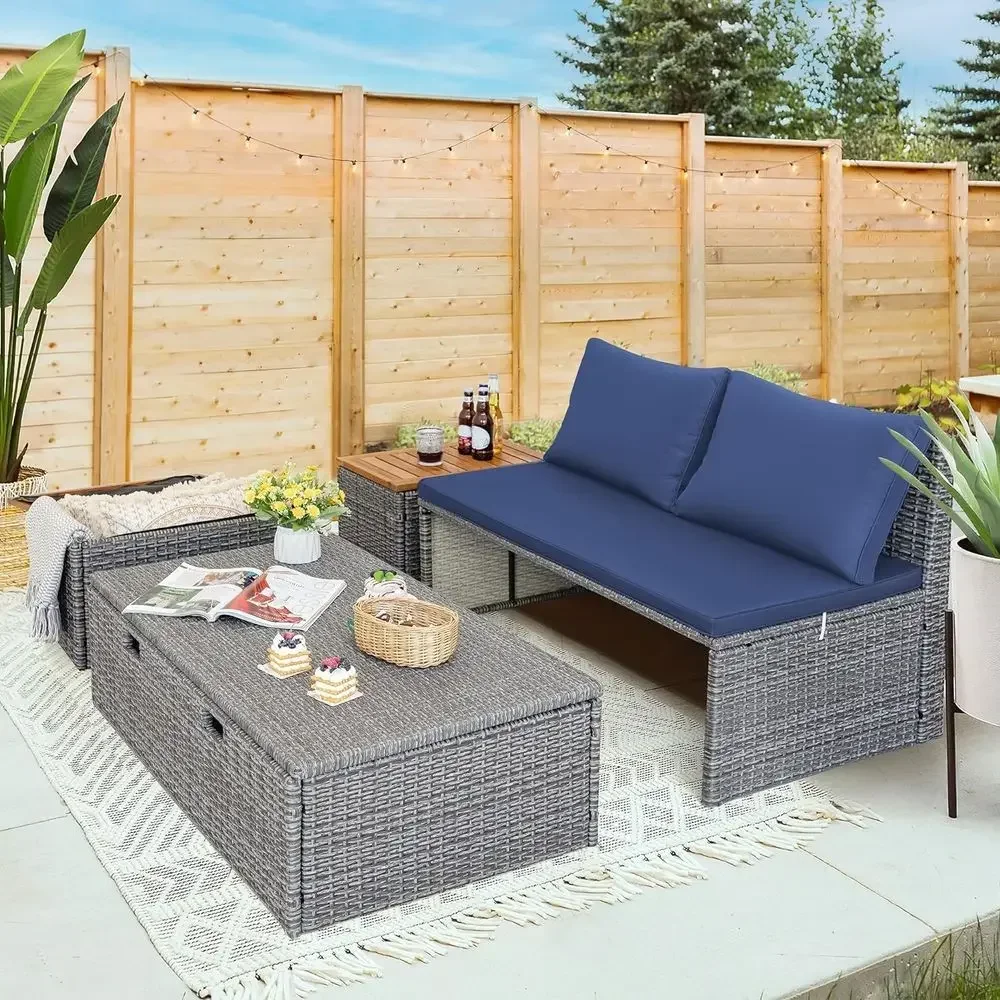 Navy Blue Outdoor Patio Daybed - đánh giá và giá Rattan Lounge Set